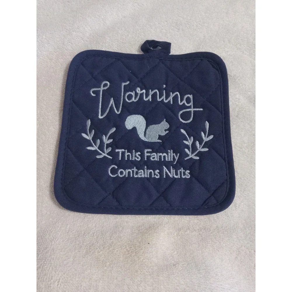 Quilted Potholder Set of 6 Funny Embroidered‎ Sayings Kitchen Decor Navy Blue